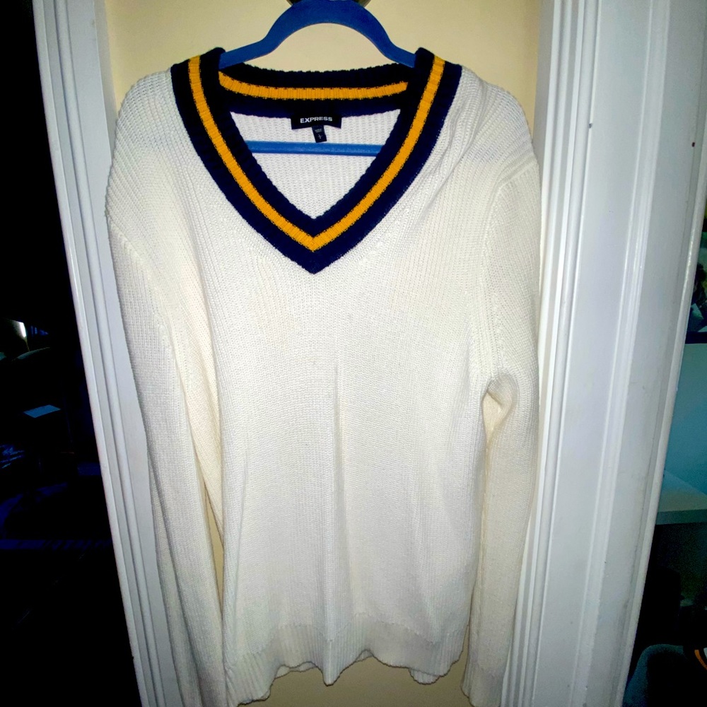 Express Men’s blue and gold neck sweater.